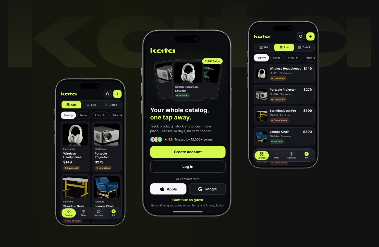 Kata catalog app screens