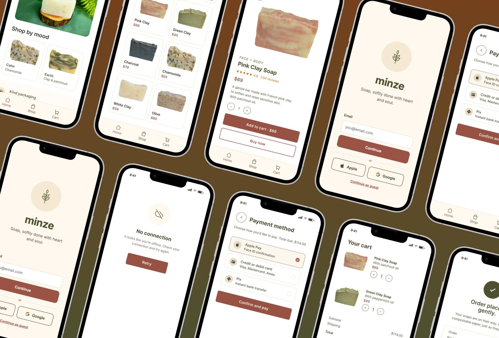 Minze soap shop app screens