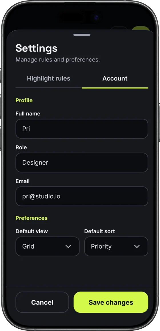 Kata settings: account profile and preferences