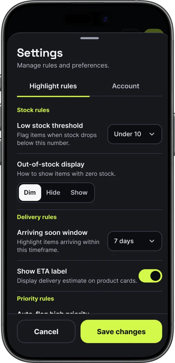 Kata settings: highlight rules for stock and delivery