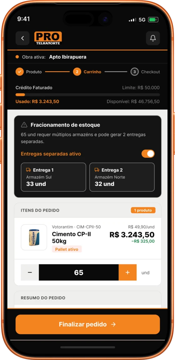 Cart with credit bar and split delivery card