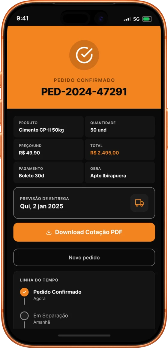 Order confirmation with order ID, PDF quote and timeline